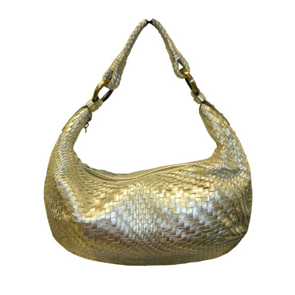 Cole Haan Genevieve Top Zip Hobo Metallic Gold Woven Leather Shoulder Bag - Picture 1 of 16